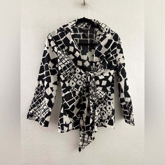 Mischa white and black tie front long sleeve blouse size L - Picture 1 of 7